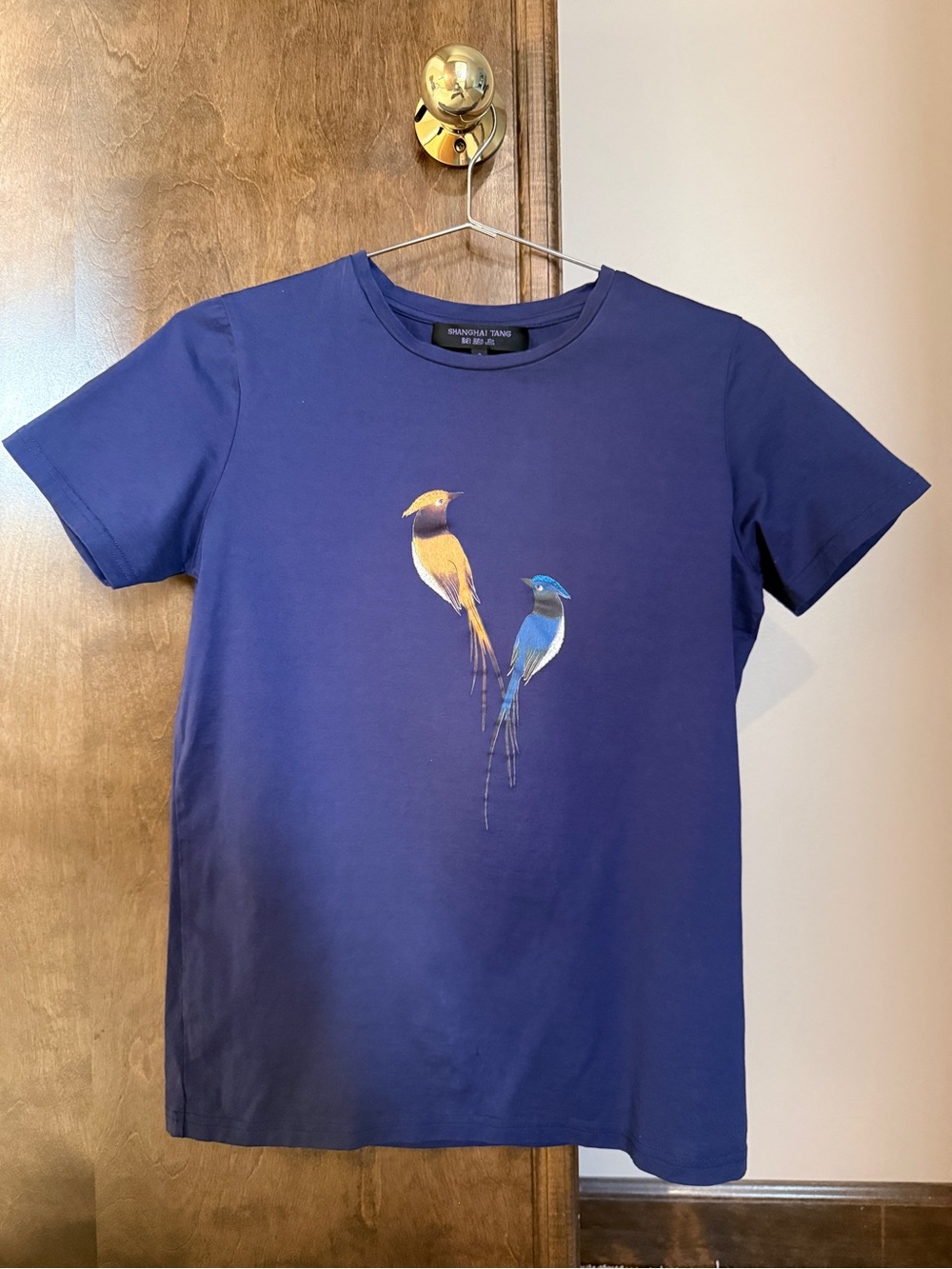 Shanghai Tang Navy Tee Embroidered with Artistic Yellow and Blue Birds